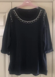 Navy Longer Length Embellished Top M/L 3/4 Length Sleeve - Picture 1 of 4