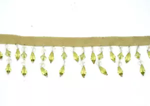 Bead Fringe Trim 1.5" Drop Green Faux Crystals 1+ YARD New Ribbon Clear Remnant - Picture 1 of 2