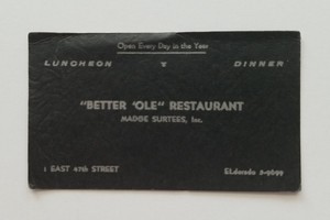 Better Ole Restaurant, Madge Surtees, Inc. Vintage Business Card
