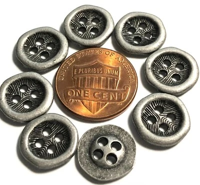 8 Small Antique Silver Tone Metal 4-Hole Sew-through Buttons 12.5mm 1/2" 12295 - Image 1 of 3