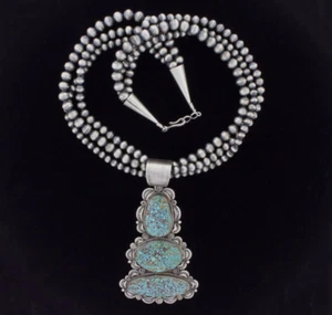 3-Strand Silver Bead Necklace With Natural Turquoise Mountain Turquoise Pendant  - Picture 1 of 4