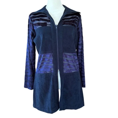 Vintage Velvet Burnout Top Womens L Midnight Blue Purple Zip Up Animal Print - Image 1 of 4