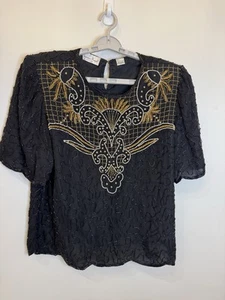 Vintage Laurence Kazar Black Silk Beaded Top 2X India 1980s Party Blouse - Picture 1 of 14