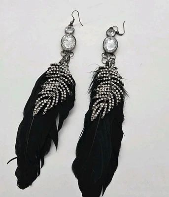 Black Feather Earrings Crystal Accent Silver tone Bohemian extra Long 7 in - Image 1 of 4
