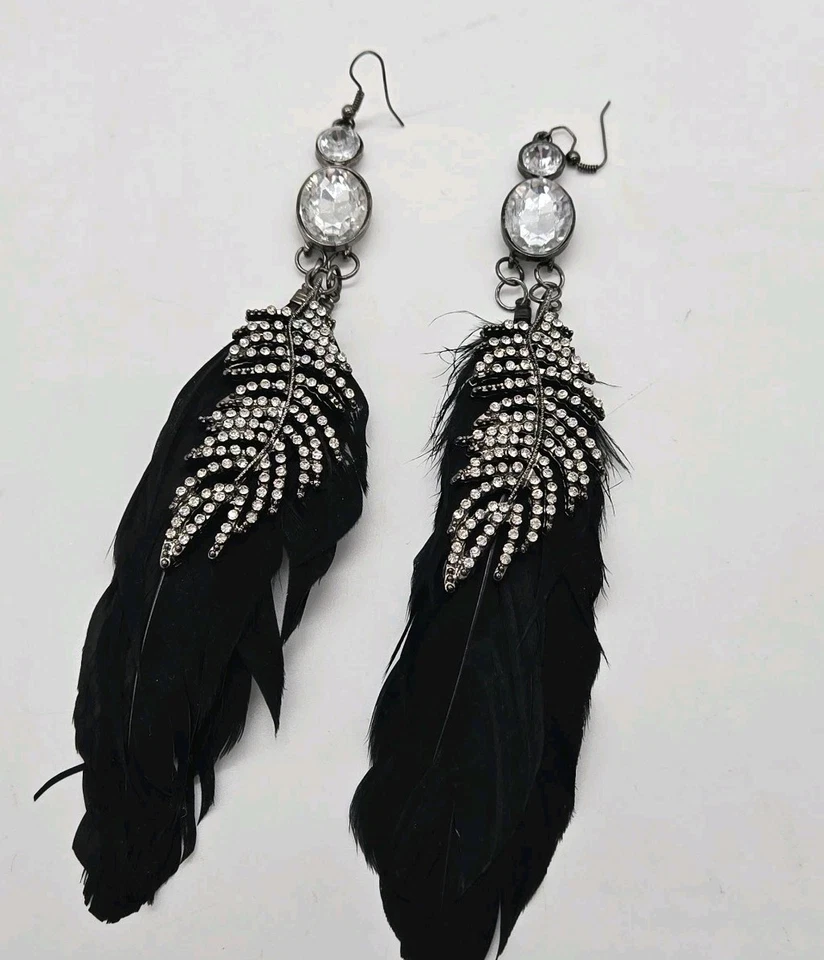 Black Feather Earrings Crystal Accent Silver tone Bohemian extra Long 7 in - Image 1 of 4