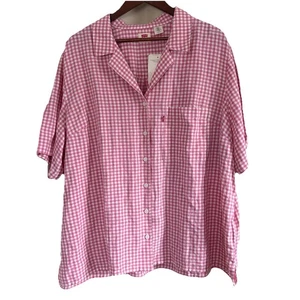 Camisa de manga corta con botones de guinga rosa y blanca Levi's Resort para mujer 3X - Imagen 1 de 12