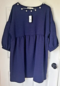 Simply Southern Navy Blue Quilted Look Babydoll Mini Dress Pearl Neck Large BxX - Picture 1 of 6