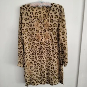 Anu Size 3 Silk Shift Dress Long Sleeves Embroidery Animal Print Boho Drape Soft - Picture 1 of 10