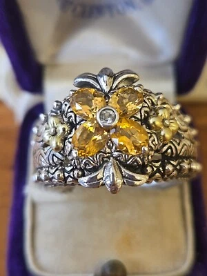 ANEL DE FLORES BARBARA BIXBY ESTERLINA E CITRINO 18K + topázio branco tamanho 10 L09 - Imagem 1 de 4