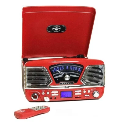 Steepletone Roxy 4 1960s Retro Style Record Player 4-in-1 Music Centre Gloss Red - Image 1 of 4