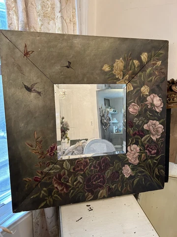 Antique Large Wall Mirror 19th C Victorian Hand Painted Pink Roses Birds 29” Cover