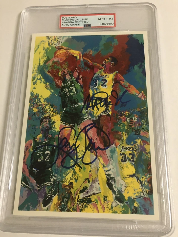 Magic Johnson Signed LeRoy Neiman Postcard Larry Bird Lakers PSA/DNA MINT 9.5 - Image 1 of 4