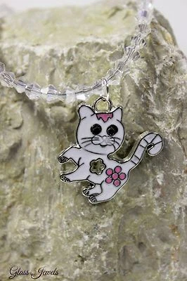 Bella Collana IN Argento Catena Bambino Perle Gatto Bianco Rosa #MA014 - Immagine 1 di 3