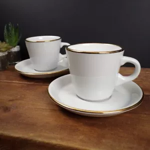 White and Gold Cups Saucers Rims Lubiana Poland Set 2 Used Tea Coffee Cappuccino - Picture 1 of 10