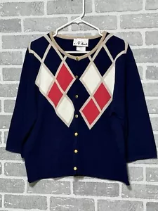 N Touch Women’s XL Blue Argyle Print 3/4 Sleeve Button Up Cardigan Sweater - Picture 1 of 7