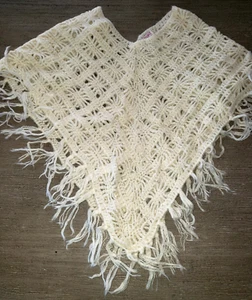 GIRLS cream color KNIT PONCHO  AIRPORT CLOTHING CO fringe trim 23 inch - Picture 1 of 1