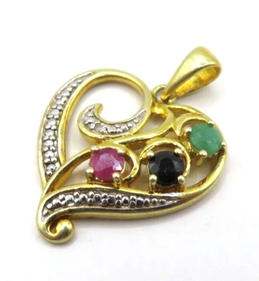 TOP Designer Anhänger 925 Silber vergoldet Herz Smaragd? Rubin? Mehrfarbig *F - Bild 1 von 4