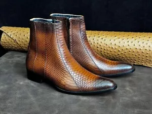 Handmade Python Textured Cowhide Leather Zipper Boots for Men | Chelsea Shoes - Picture 1 of 8