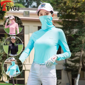 Women Ice Silk Golfing Top with Built-in Mask for Sunscreen Protection Anti-UV - Picture 1 of 16