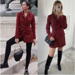 ZARA Women’s Red Black Houndstooth Blazer Romper Dress Blogger Favorite Size XS - Picture 1 of 16