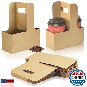 2 Cup Disposable Drink Carrier for Delivery with Handle, 10 Kraft Paperboard - Picture 1 of 5