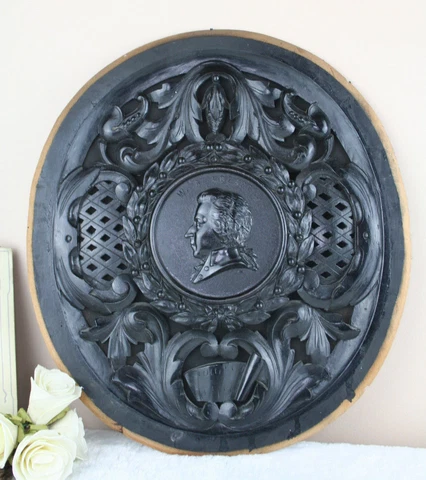 French 19thc Napoleon III black wood carved oval medaillon wall plaque mozart Cover