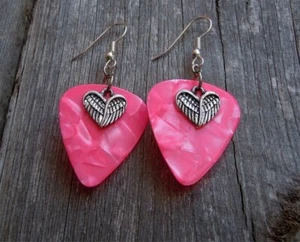 Heart Made Of Wings Charms Guitar Pick Earrings - Pick Your Color - Picture 1 of 3