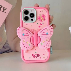 Pink Butterfly Holder Silicone Case for iPhone X XS XR 11 12 13 14 15 16 Pro Max - Picture 1 of 15