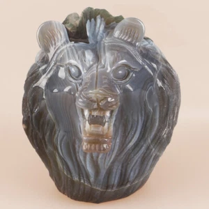 3.1" Natural Geode Agate Quartz Crystal Hand Carved Lion Head Animal 450g - Imagen 1 de 8