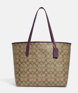 Coach Authentic City Tote In Signature Canvas Purse Khaki & Boysenberry NEW - Picture 1 of 22