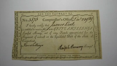 1789 5s Connecticut Comptroller's Office Colonial Currency Note Ralph Pomeroy - Image 1 of 2