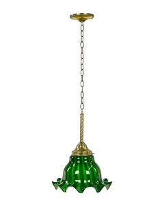 Vintage Brass Chain Ruffled Green Glass Shade Pendant Light - Picture 1 of 12