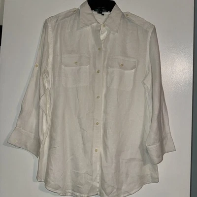 Top Ralph Lauren para mujer talla 4 100 % lino con lengüeta enrollable bolsillos abotonados Foto 1 de 4