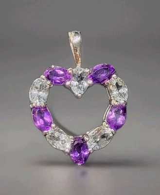Pingente de prata esterlina 925 coração de água-marinha e ametista natural 0927 - Imagem 1 de 4