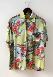 1940s 50s LAUHALA MADE IN HAWAII Vintage Aloha Shirt Crepe Rayon Large Yellow - Picture 1 of 20