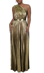 AOMEI Women's Metallic One Shoulder Elegant Pleated Long Dress, Gold 2XL - Picture 1 of 7