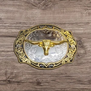 Kid's Cowboy Belt Buckle Long Horn Bull Head 3.25" x 2.5" Silver/Black/Gold - Picture 1 of 2