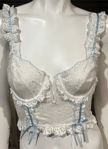 For Love & Lemons White Eyelet Corset Bustier Crop Top Blue Ribbon Detail Size M - Picture 1 of 12
