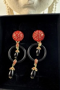 HEIDI DAUS "Triple Threat" Resin Beaded Crystal Drop Earring ~ Omega Back ~ Red - Picture 1 of 15