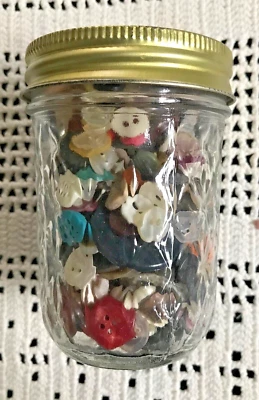 Ball Quilted Crystal Jar w Embroidered Lid Mother's Day Full of Buttons - Image 1 of 3