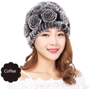 Sombrero de piel para mujer Rex real piel de conejo rosa gorra invierno cálido hecho a mano esponjoso suave - Imagen 1 de 19