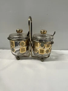 MCM Jeanette Glass Turquoise Blue Aqua with Gold Condiment Set & Spoons in Caddy - Picture 1 of 3