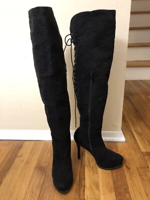 TWO LIPS Hex 黑色人造绒面革过膝系带高跟鞋 7.5 — 第 1/4 张图片