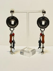 VTG Modernist Hoop Earrings Dangle Pierced Rare Statement Chunky Silver Flashy - Picture 1 of 5