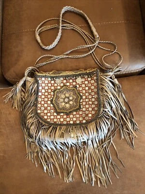 "Bolso de Hombro M Fredric Malibu Marrón Cuero Flecos Boho Bordado 11x12""" Foto 1 de 4