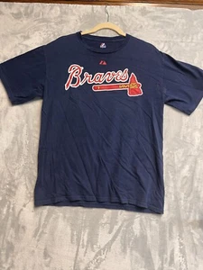 Jason Heyward 22 Atlanta Braves Majestic MLB T-Shirt Blue Crew Spellout Medium - Picture 1 of 6