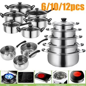 12/10pcs Stainless Steel Cookware Saucepan Set Pan Pot Kitchen Cooking Glass Lid - Picture 1 of 43