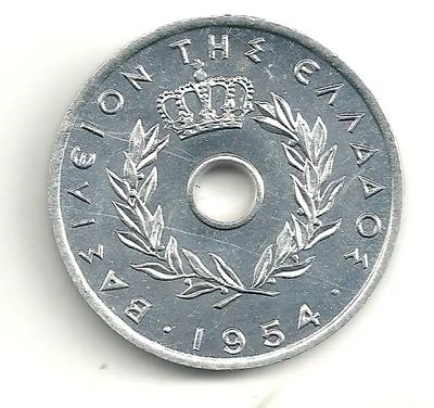 HIGH GRADE CHOICE BU 1954 GREECE GREEK 5 LEPTA COIN-ORIGINAL LUSTER!! - Image 1 of 2