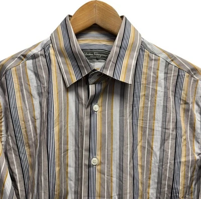 Salvatore Ferragamo NEW Men's Size M Yellow/Gray/Blue Striped Cotton Dress Shirt - Image 1 of 4
