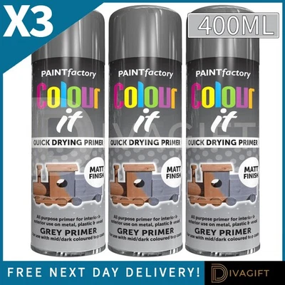PAINT FACTORY 3 x GRAU GRUNDIERUNG MATT FINISH AEROSOL SPRAY LACK 400ML FÜR METALL HOLZ KUNSTSTOFF NEU